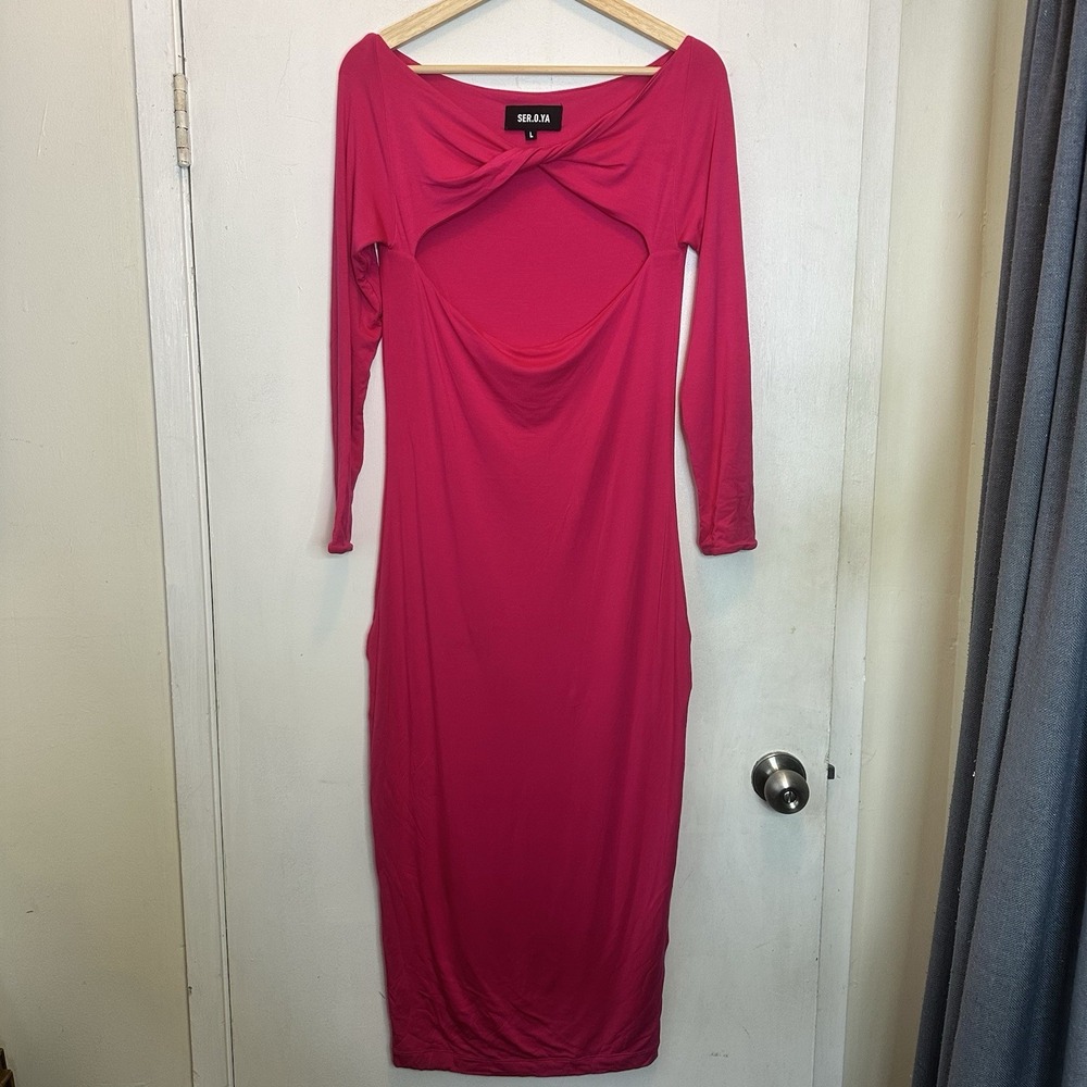 SER.O.YA Irene Hot Pink Long Sleeve Midi Dress Body Con Twist Sexy Cutout Large